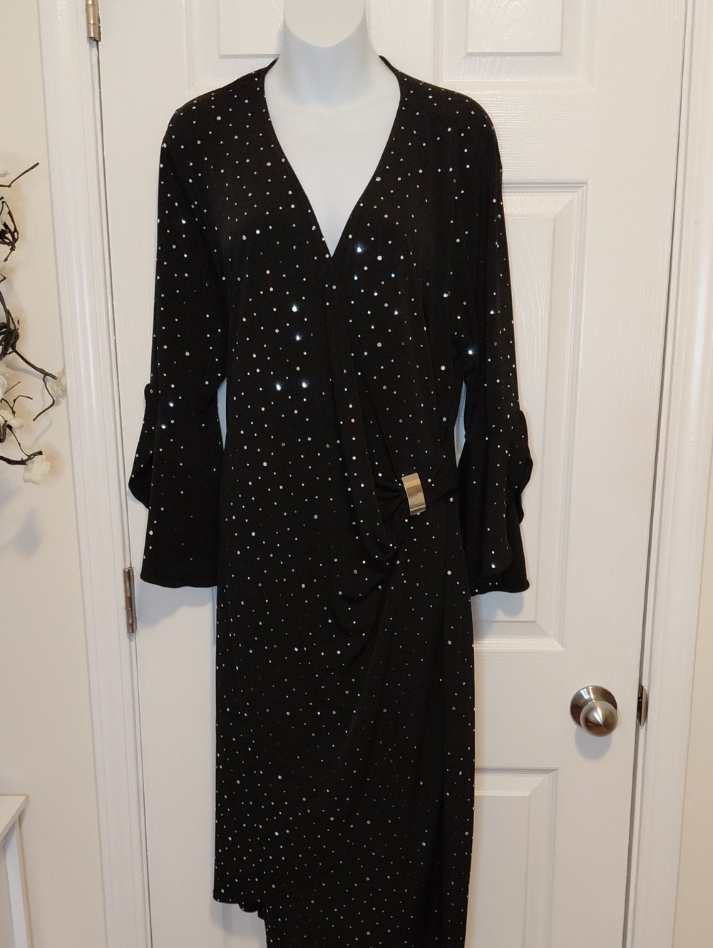 Glamorous Black Long Sleeve Wrap Dress with Metallic Studs